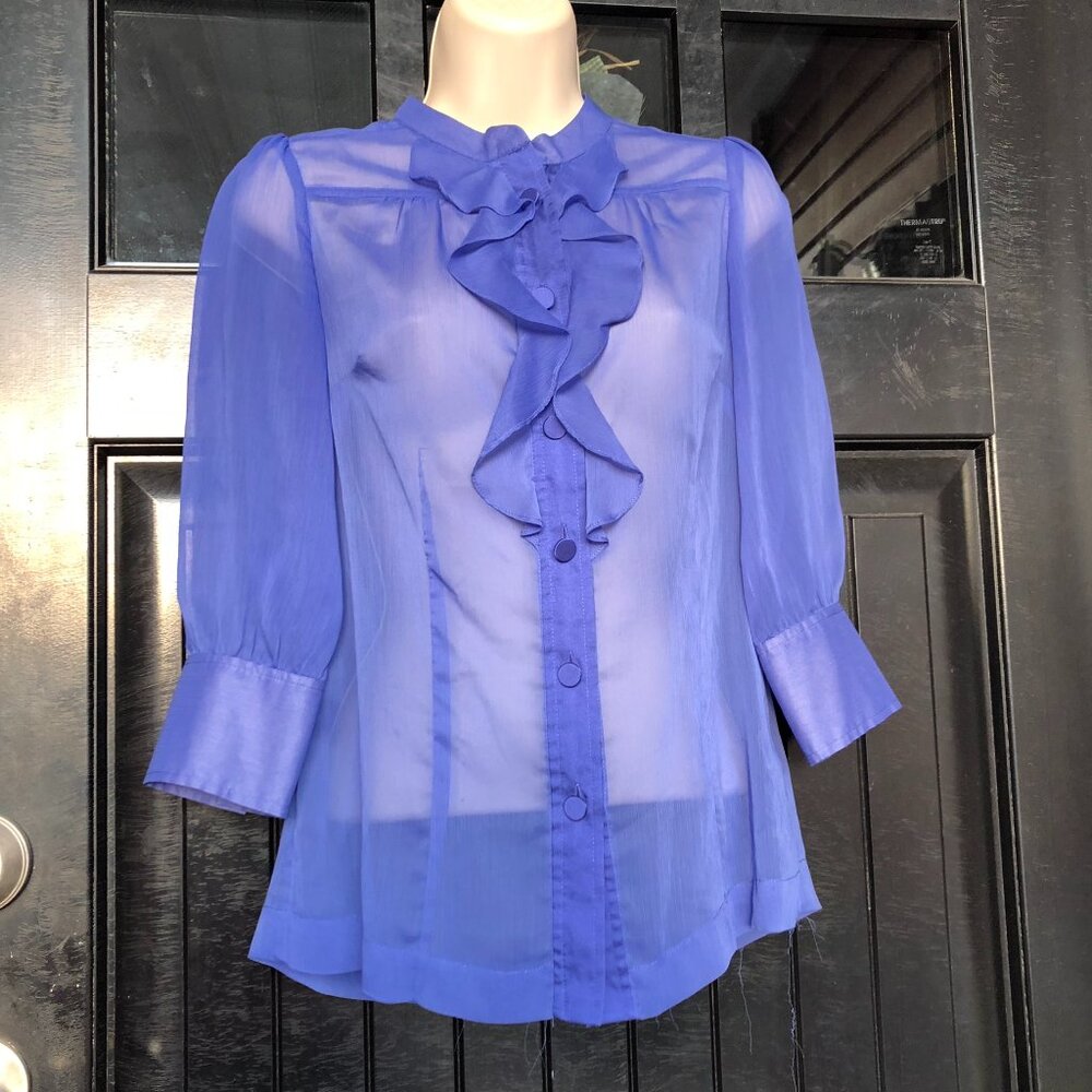 Banana Republic Outlet Sheer blouse, blue, 3/4 sleeves, ruffles, size 0P